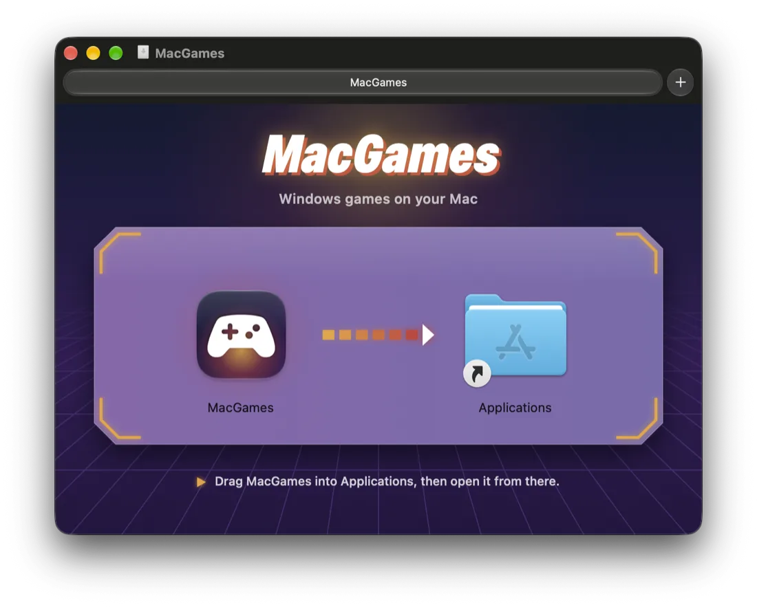 The MacGames installer window: drag MacGames into Applications.