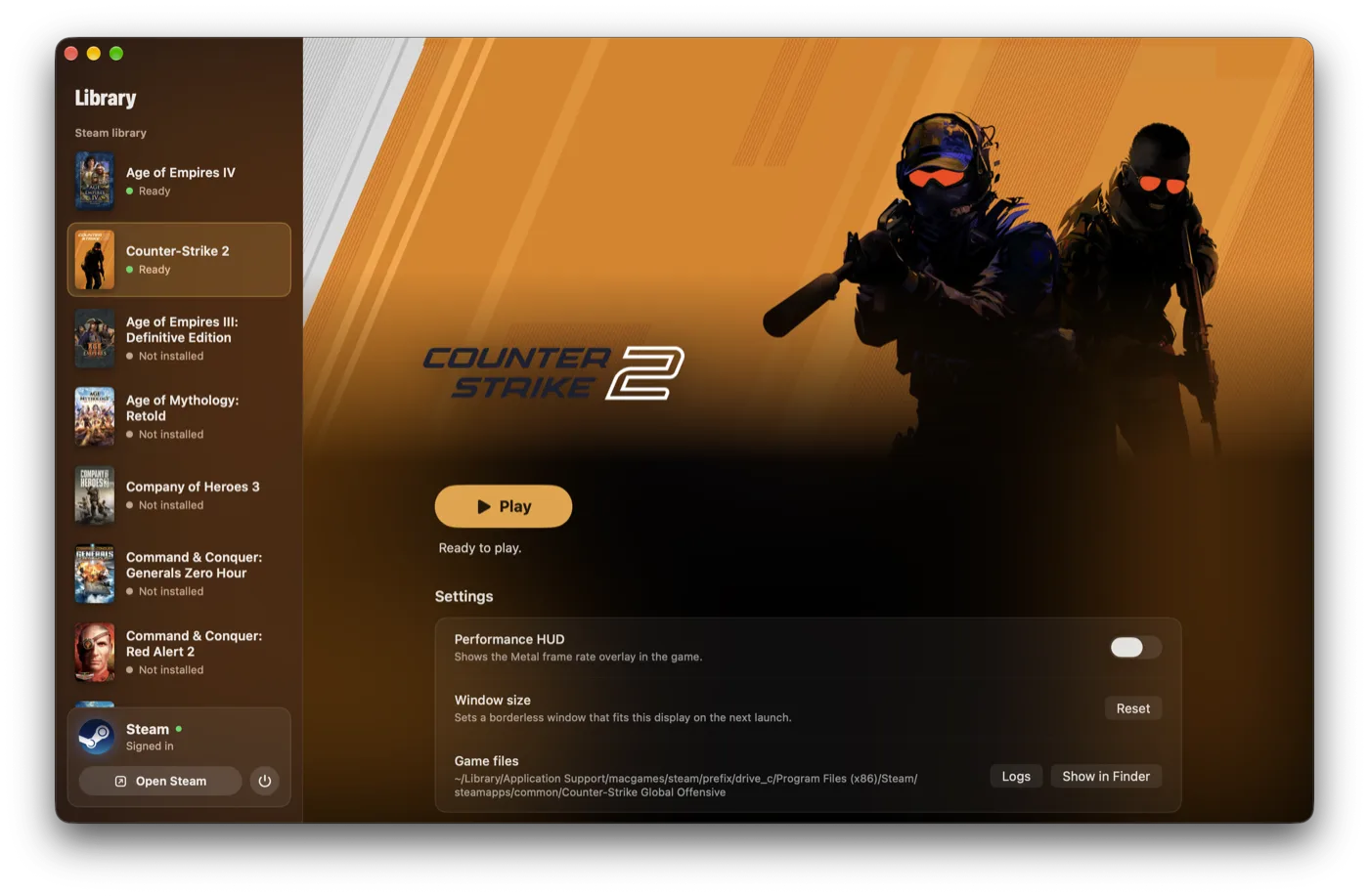 Counter-Strike 2 ready to play, with its settings: the performance HUD and the window size.