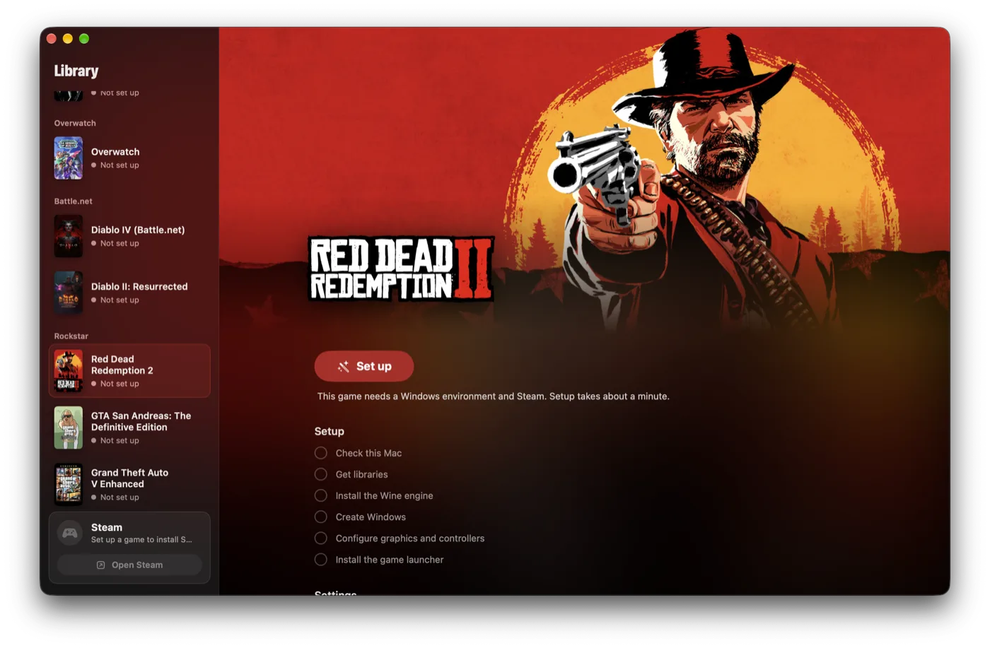 Red Dead Redemption 2 before setup, with the six setup steps listed under the Set up button.